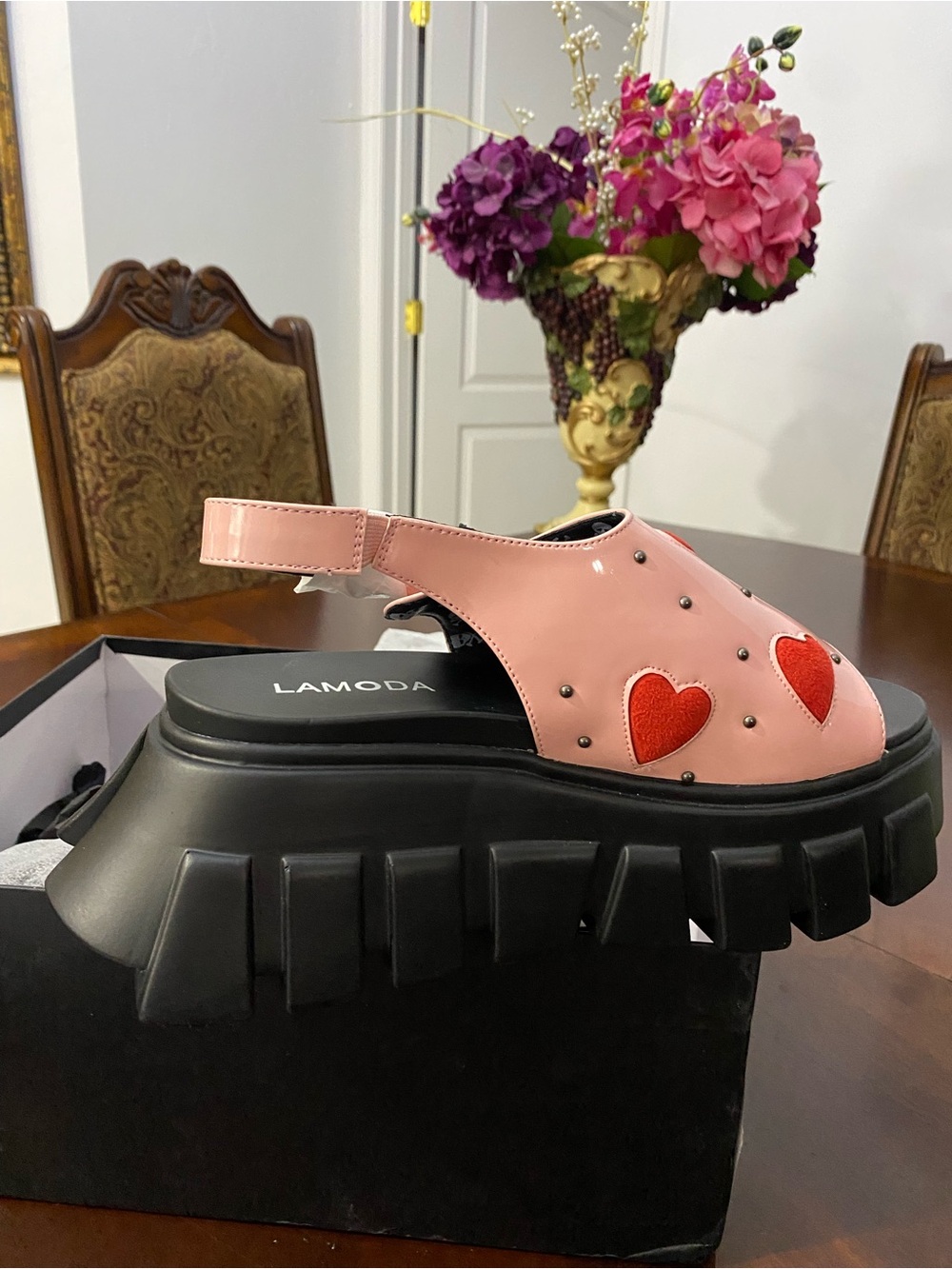 LaModa Pink Chunky Platform Sandals with Red Heart Accents - Picture 5 of 16